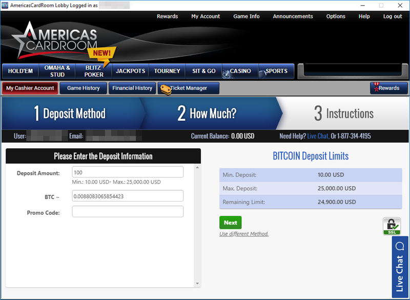 how to deposit bitcoin on americas cardroom