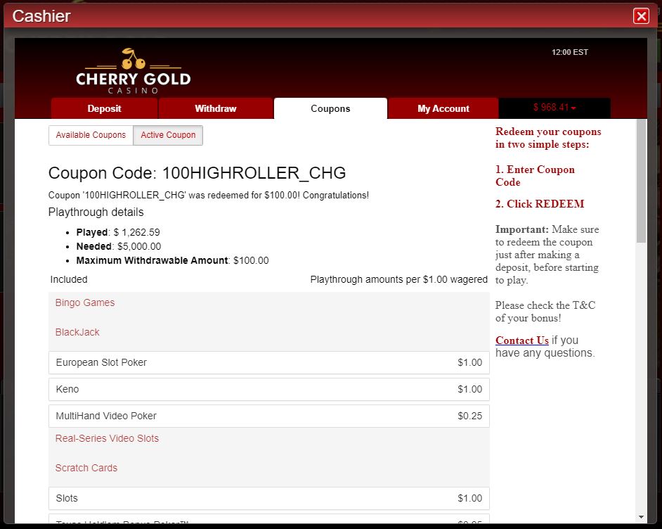 cherry gold casino no deposit codes